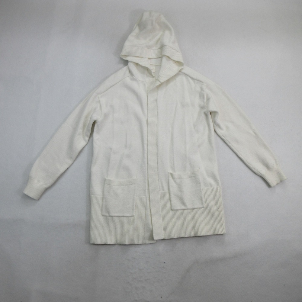 Lou & Grey Women's Sweater S Cardigan Hooded Open Front Knit Pockets White